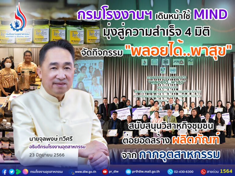 กรมโรงงานฯ เดินหน้าใช้ MIND มุ่งสู่ความสำเร็จ 4 มิติ  จัดกิจกรรม “พลอยได้..พาสุข” สนับสนุนวิสาหกิจชุมชน ต่อยอดสร้างผลิตภัณฑ์จากกากอุตสาหกรรม