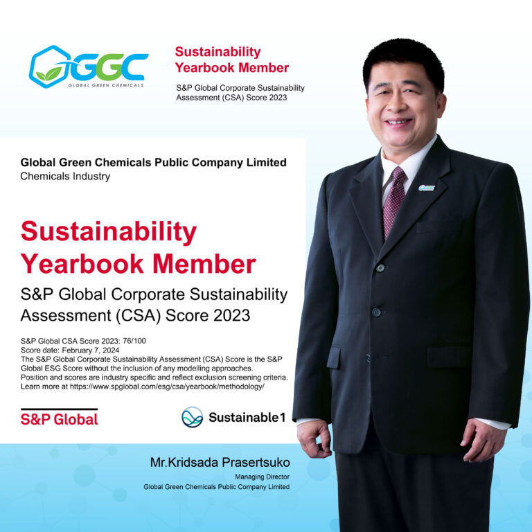 บริษัท โกลบอลกรีนเคมิคอล จำกัด (มหาชน) หรือ GGC ได้รับการประเมินด้านความยั่งยืนระดับโลกจาก S&P Global Corporate Sustainability Assessment หรือ S&P Global CSA เป็นปีแรก โดยได้คะแนน ลำดับที่ 5 ในกลุ่มธุรกิจเคมีภัณฑ์ ตอกย้ำการเป็นองค์กรแห่งความยั่งยืนในระดับสากลที่โดดเด่นในด้านสิ่งแวดล้อม สังคม และบรรษัทภิบาล (ESG) มุ่งสู่การลดการปล่อยก๊าซเรือนกระจกสุทธิเป็นศูนย์ (Net Zero) ภายในปี 2593